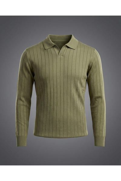 viyamen Men's Polo Neck Slim Fit Ribbed Knit Long Sleeve T-Shirt