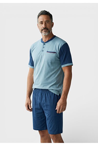 COLLECTİON Ανδρική Πιτζάμα Καλοκαιρινή 100% Βαμβάκι με Δύο Παντελόνια Μπλε