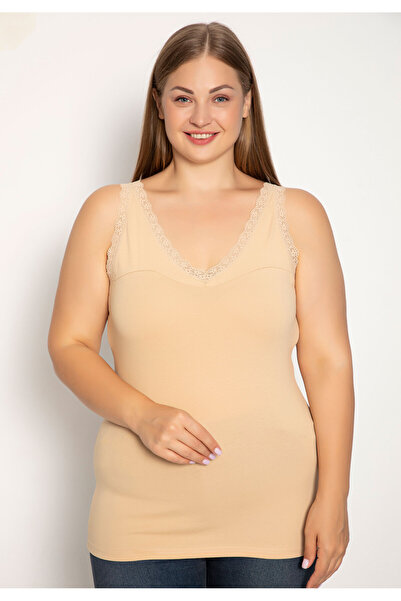 Siyah İnci Φανελάκι γυναικείο Plus Size με φαρδιά τιράντα και δαντέλα - Μπεζ