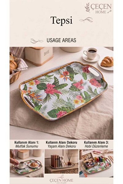 ÇEÇEN HOME صينية أصلية منقوشة مقاس 48 × 30 سم - صينية تقديم للمطبخ بمقابض مان...