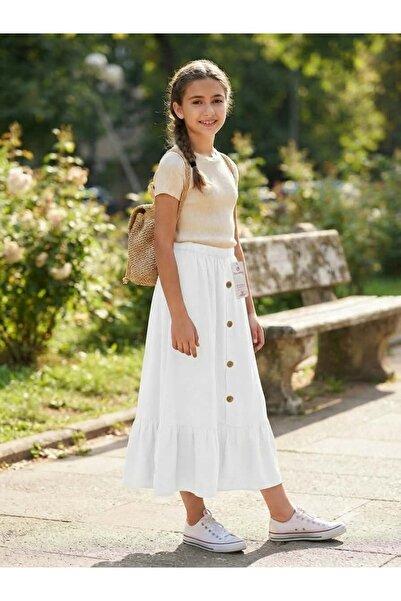 ASALEA Girl's Long Skirt with Buttons on the Front and Elastic Waist (Our Pro...