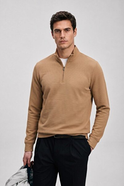 Maccali Men's Seasonal Comfortable Camel Polo Collar Zippered Sweatshirt