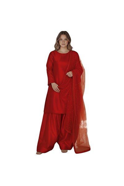 MYSMAR Red Satin Farshi Salwar Suit - AIM1004 | Red-Size:L-40-Inches