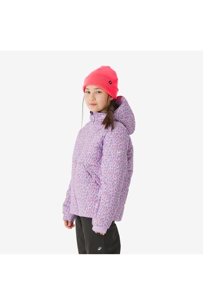 Decathlon Çocuk Şişme Kayak Montu - 6/14 Yaş - Eflatun/Leopar Desenli - 100 Warm