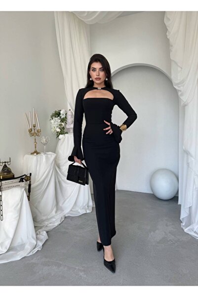 YURELİ Choker Yaka Dekolte Detaylı Volan Kollu Uzun Elbise