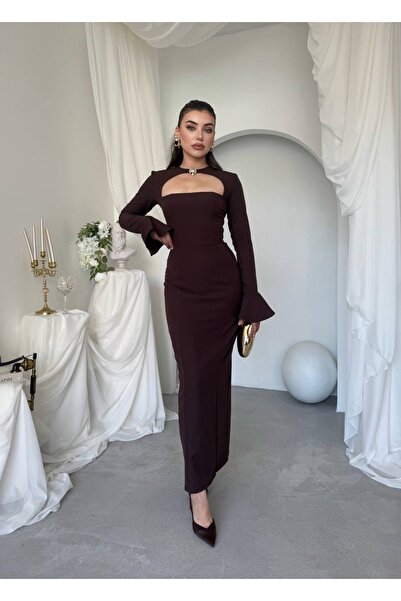 YURELİ Choker Yaka Dekolte Detaylı Volan Kollu Uzun Elbise