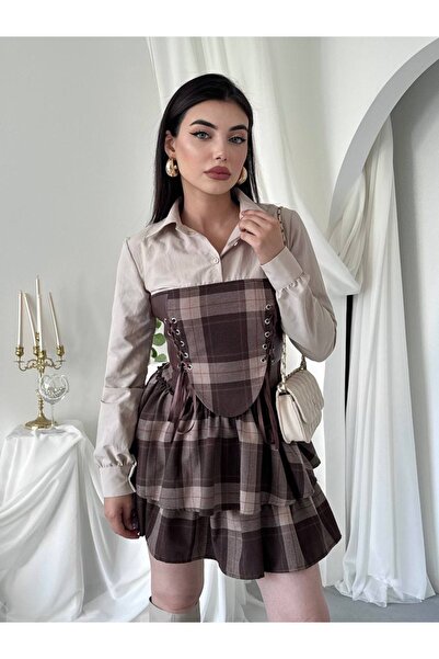YURELİ Gömlek Detaylı Bağcıklı Korsaj Ekose Katlı Mini Elbise