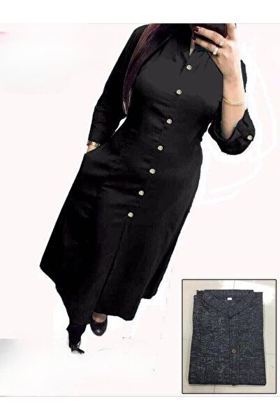 MYSMAR Black Cotton Wooden Button Kurti - NJF2346 | Black-Size:L-40-Inches