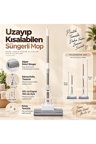 Sıkmalı Süngerli Mop Uzayıp Kısalabilen Teleskopik Saplı 105-150 cm