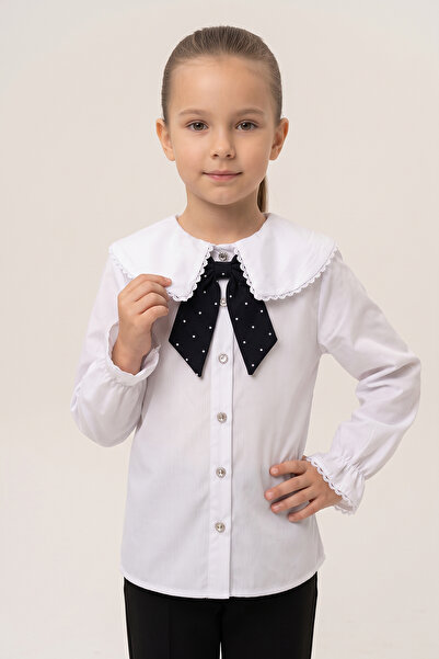 nacar çarşı قميص بناتي بياقة بيبي سوداء منقطة مع وشاح وأكمام طويلة ورباط، ملا...