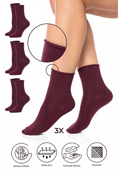 SAYSEZ Bambu Kadın Lastiksiz Bordo Soket Dikişsiz Premium Çorap 3'lü Paket / ...