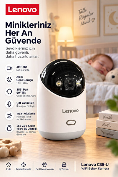 LENOVO Ev Kamerası | Bebek Kamerası 2K 3MP, WiFi, Sesli, 360° Ptz, Mobil Kont...