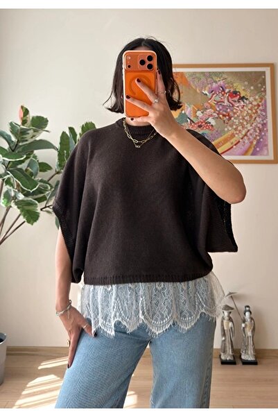 Trend Paris Lace Detailed Bat Sleeve Knit Sweater Black