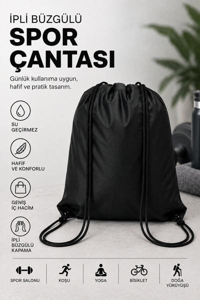 CinaMax İpli Büzgülü Spor Çantası 35x45 Cm Siyah Gym Fitness Antrenman Sırt Ç...