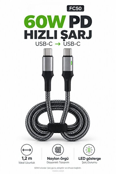 VOOKA Hızlı Şarj Kablosu Type-C to Type-C 60W PD Hızlı Şarj ve Veri Kablosu 1...