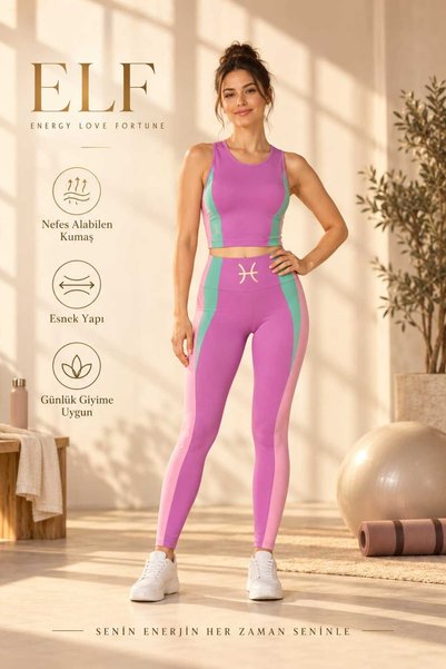 Genel Markalar Kadın Spor Tayt ve Crop Top 2’li Set Yüksek Bel Organik Pamuk ...