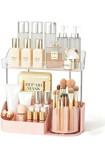 ALMEKAQUZ Rotating Makeup Organizer w/Makeup Brush Holder, 2 Tier Bathroom Co...