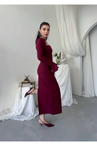 YURELİ Choker Yaka Dekolte Detaylı Volan Kollu Uzun Elbise