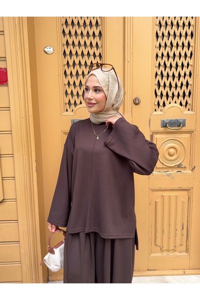 nurvina modest wear Tunica supradimensionata din material modal cu detalii din imitație de iarbă, set dublu cu pantaloni largi cu detalii plisate