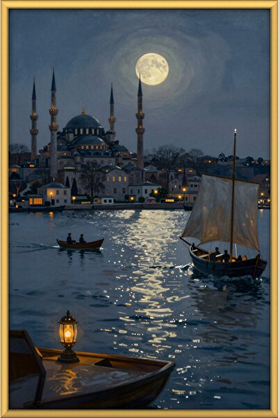 ZURİ DESİGN Aivazovsky Tarzı Mehtaplı İstanbul Boğazı Tablo Çerçeve Görünümlü MDF Duvar Tablosu Romantik Manzara