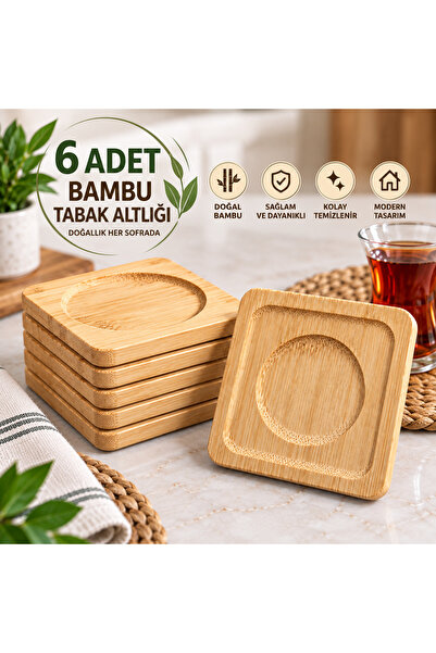6 Lı Bambu Kare Çay bardak Tabağı