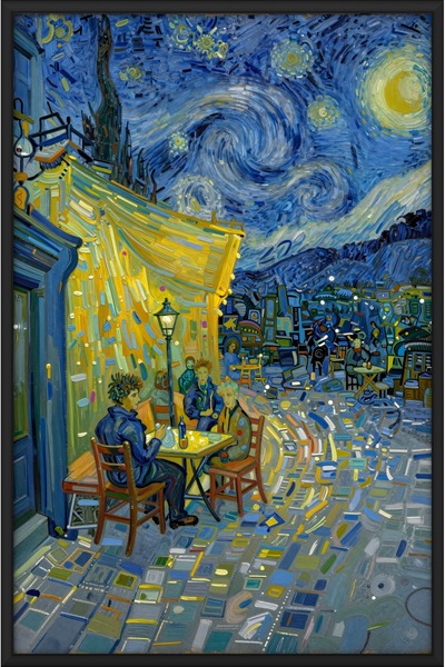 ZURİ DESİGN Van Gogh Tarzı Gece Kafe Terası Tablo Çerçeve Görünümlü MDF Duvar Tablosu Post-Empresyonist Sanat