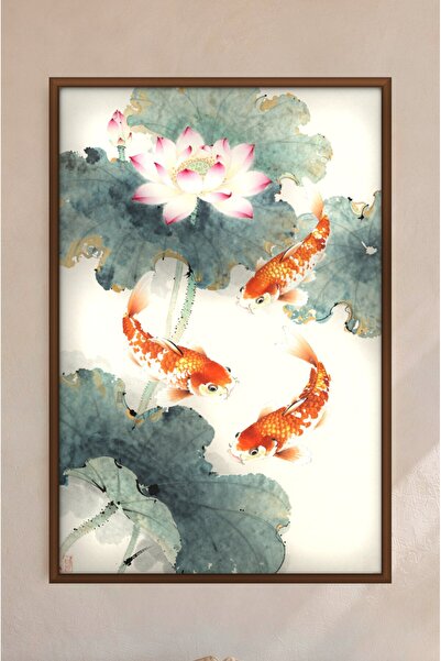 ZURİ DESİGN Çin Tarzı Lotus ve Koi Balıkları Tablo Çerçeve Görünümlü MDF Duvar Tablosu Japon Ukiyo-e Doğu Sanatı