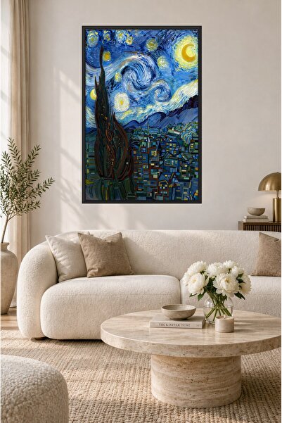 ZURİ DESİGN Van Gogh Tarzı Yıldızlı Gece Köyü Tablo Çerçeve Görünümlü MDF Duv...