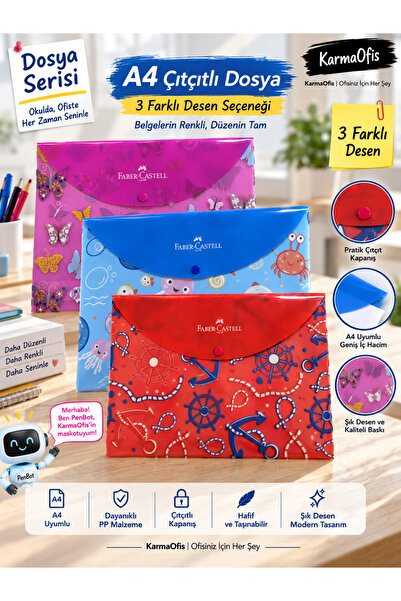 Faber Castell A4 Çıtçıtlı Dosya 3’lü Set – Kelebek, Deniz ve Çapa Desenli Öğrenci Evrak Dosyası