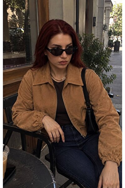 Genel Markalar Taba Süet Gömlek Yaka Fermuarlı Cepli Premium Bomber Ceket