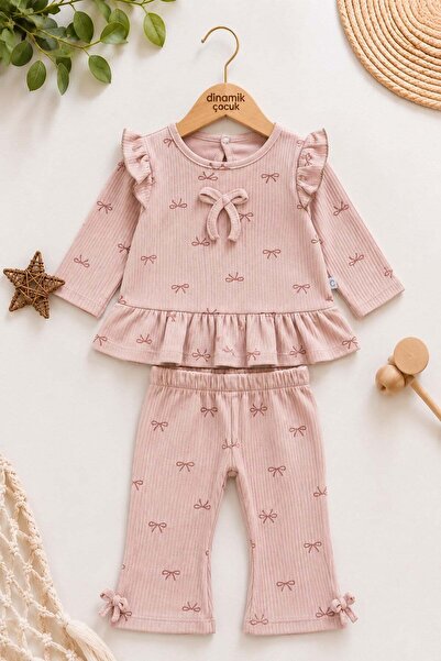 dinamik çocuk Baby girl bow patterned ruffled ribbed 2-piece top and bottom s...