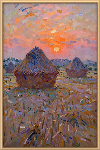 ZURİ DESİGN Monet Tarzı Gün Batımında Saman Yığınları Tablo Çerçeve Görünümlü MDF Duvar Tablosu
