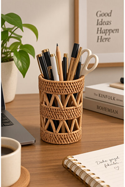 ipekbambuhome El Yapımı Doğal Rattan Kalemlik ve Masaüstü Organizer 12x8 cm