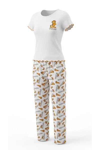Eleganse Women's Garfield Patterned Pajama Set White Short Sleeve Top / Long Pants Comfortable Home Wear