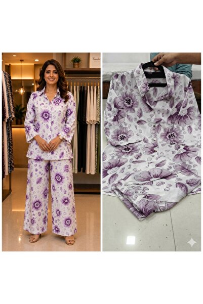 MYSMAR Purple Patchwork Print Cotton Co-Ord Set - RMD9304 | Purple-Size:L-40-...