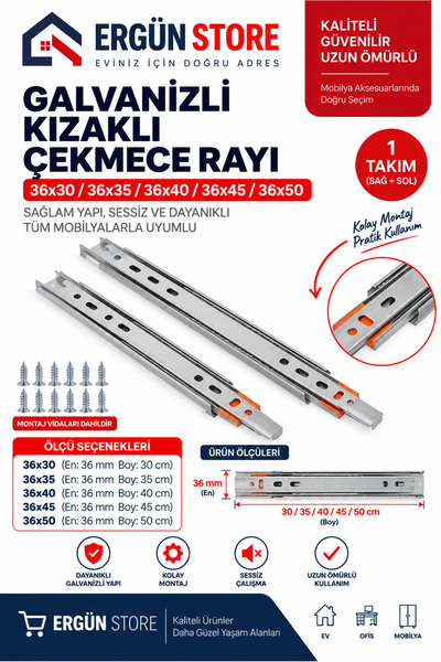 Ergün Store Kızaklı Teleskopik Bilyalı Çekmece Ray Tüm Ölçüler 36x30-35-40-45...