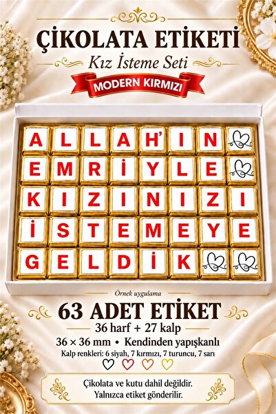Kız İsteme Çikolata Etiketi 63 Adet 36x36 mm Kendinden Yapışkanlı Harf ve Kalp Seti