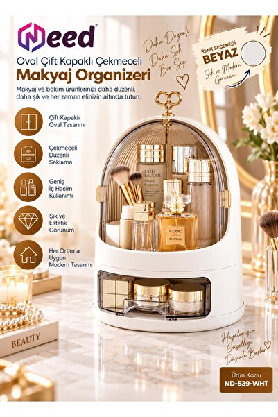 Need Oval Çift Kapaklı Çekmeceli Makyaj ve Kozmetik Organizeri – Beyaz – ND-5...