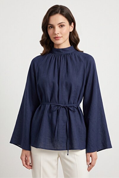 Saade Navy Blue High Collar Lace-Up Wide Sleeve Oversize Blouse