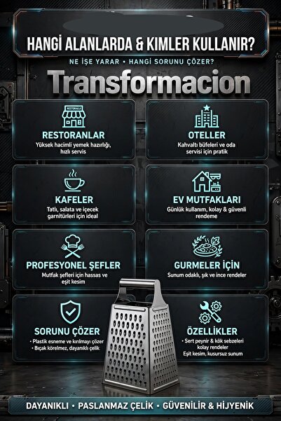 Transformacion Endüstriyel 4 Taraflı Kutulu 18/10 304 Paslanmaz Çelik Şef Rendesi Profesyonel Şeflerin Tercihi 23 cm 723682