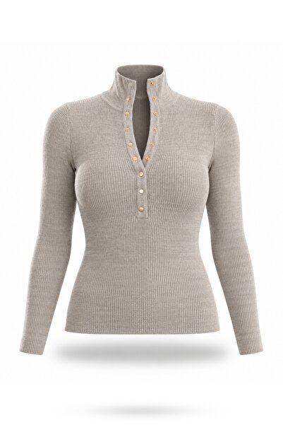 5in1Canpolat Mink Stand Collar Buttoned Knitwear 251037