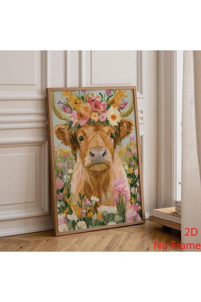 Generic Brand 1pc Floral Highland Cow Canvas Wall Art Print, Cottagecore Farm...