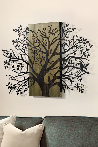 DEKORENZO Salon Duvar Süsü Ağaç ve Kuşlar Lazer Oyma Ahşap 85x57,5 cm