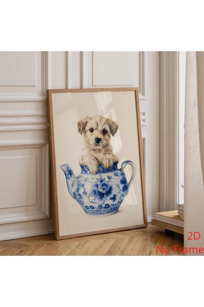 Generic Brand 1pc Puppy Teacup Blue Chinoiserie Dog Illustration Canvas Wall ...