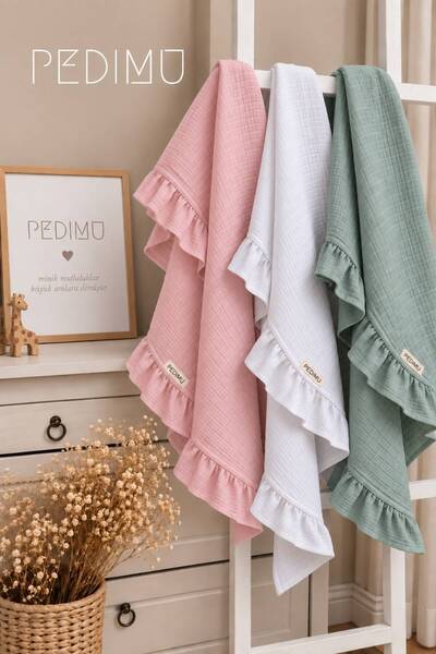 Pedimu 100X100 cm Ruffled Muslin Baby Blanket Set of 3 – 100% Cotton, Soft and Breathable