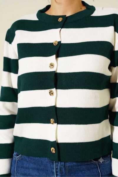 CuteLovesa Gold Button Detailed Crew Neck Striped Trendy Basic Women's Cardigan