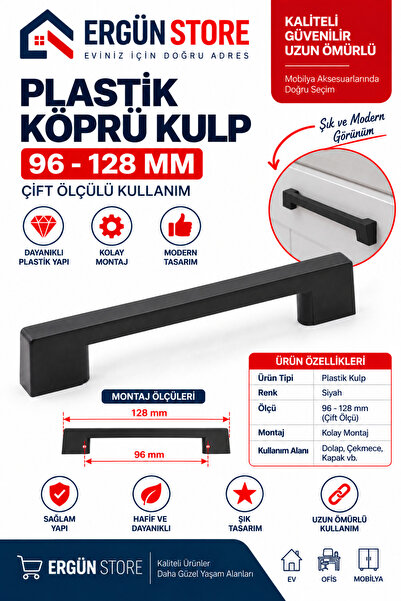 Ergün Store Köprü Kulp Mat Siyah Modern Mobilya Kulpu 96-128 mm Çift Ölçü Vid...