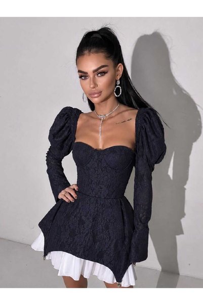 Estilo Fashion فستان نسائي قصير من قماش الدانتيل ذو مظهر إسباني مع تنورة مكشكشة على الطراز الإسباني