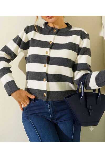 CuteLovesa Gold Button Detailed Crew Neck Striped Trendy Basic Women's Cardigan