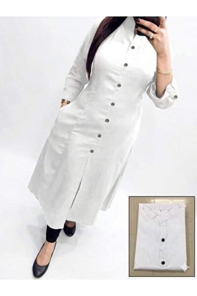 MYSMAR White Cotton Wooden Button Kurti - NJF2346 | White-Size:XL-42-Inches